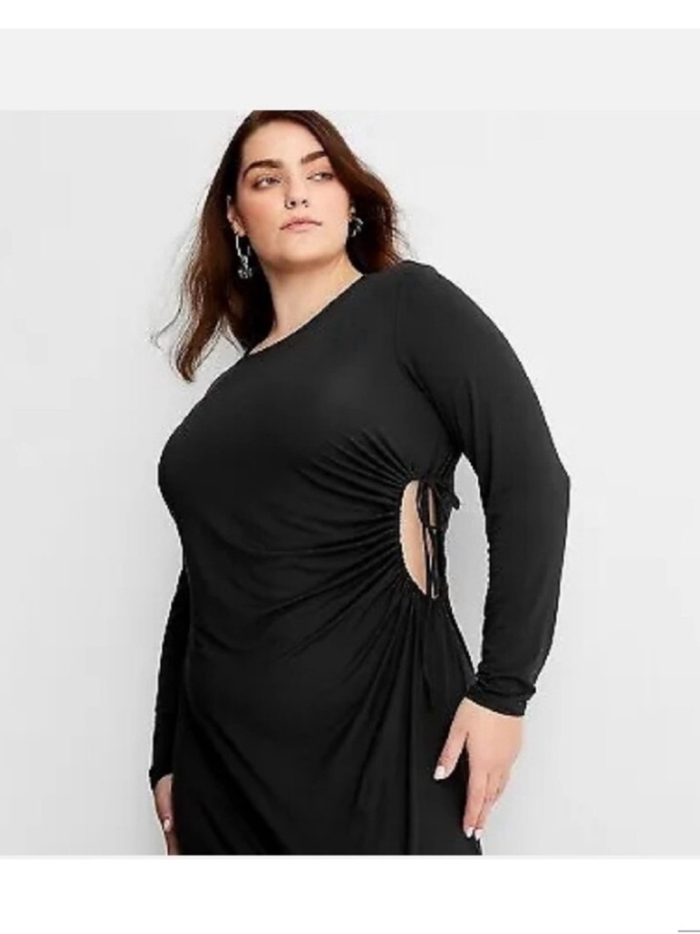 Black Long Sleeve Side-Ruched Midi Dress